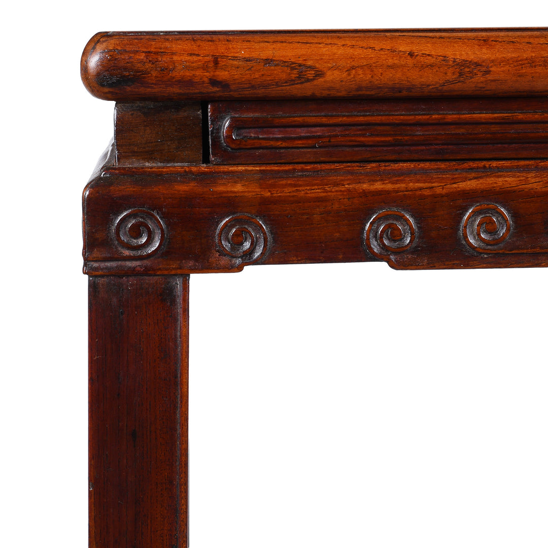 Corner Detail From Option 1 19th Century Chinese Red Elm Flower Stand From Jiangsu With Drawer And Cracked Ice Lattice Shelf