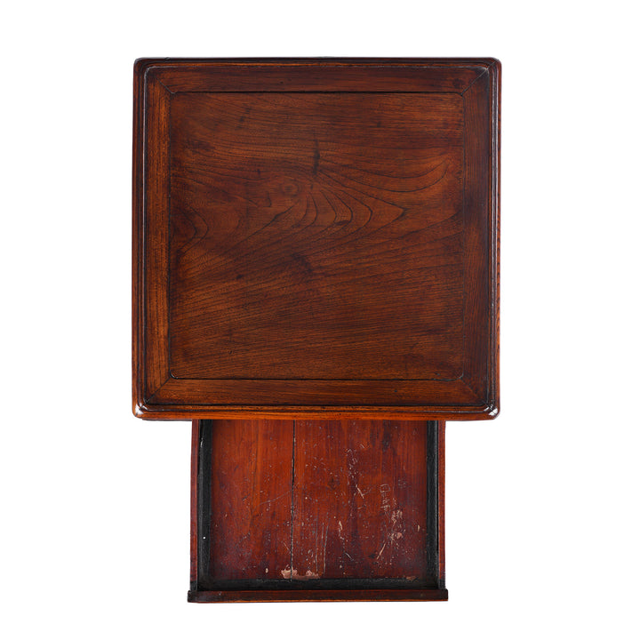 Top Down View Of Option 1 19th Century Chinese Red Elm Flower Stand From Jiangsu With Drawer And Cracked Ice Lattice Shelf