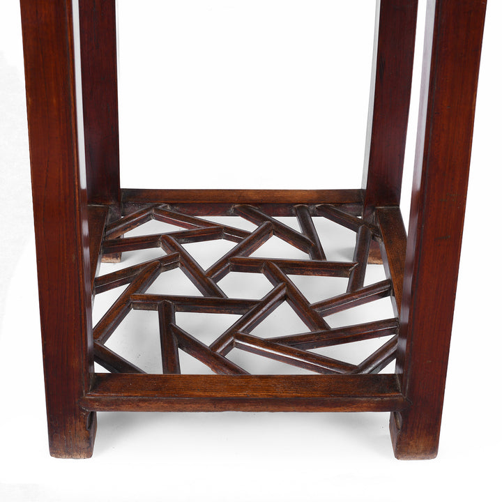 Shelf Detail From Option 2 19th Century Chinese Red Elm Flower Stand From Jiangsu With Drawer And Cracked Ice Lattice Shelf