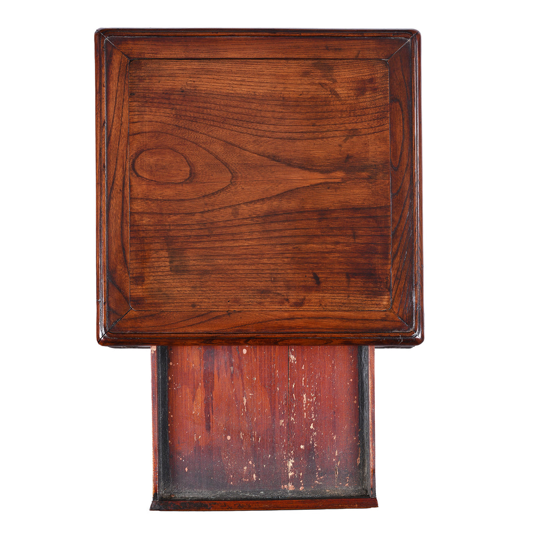 Top Down VIew Of Option 2 19th Century Chinese Red Elm Flower Stand From Jiangsu With Drawer And Cracked Ice Lattice Shelf