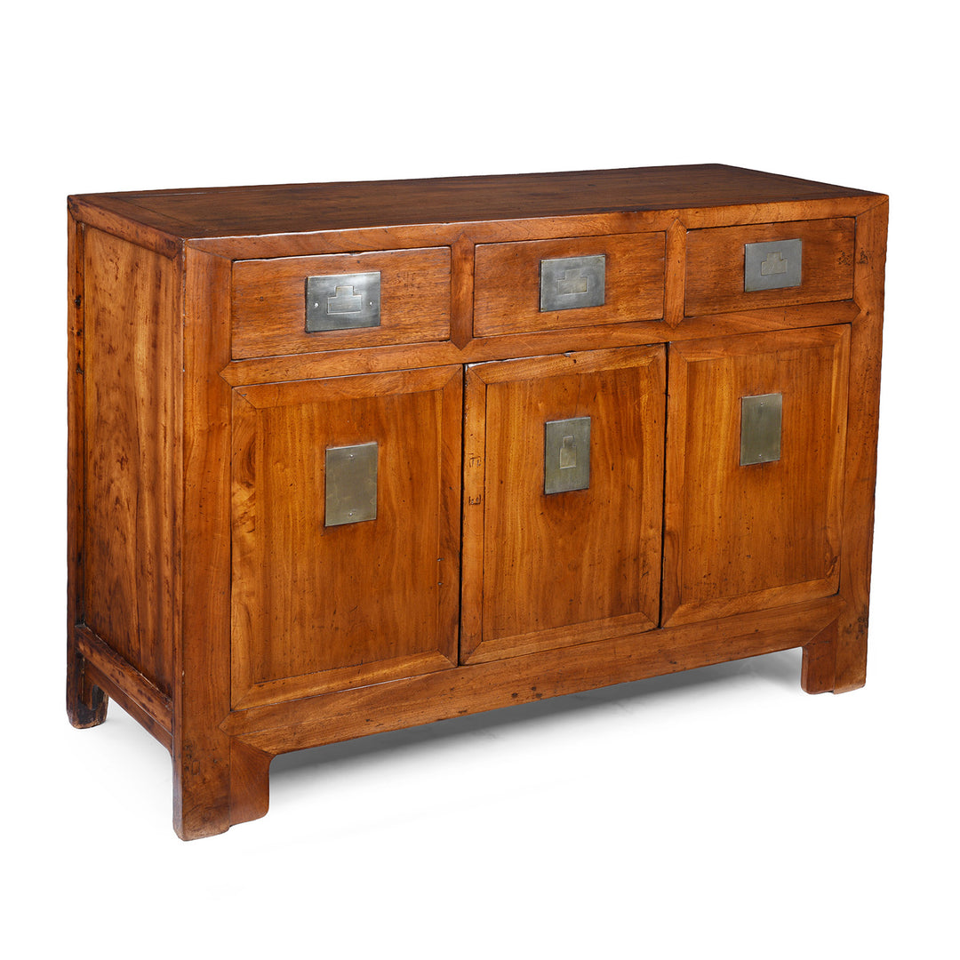 Angled View Of Nineteenth Century Tianjin Camphor Wood Sideboard With Removable Panels And Three Drawers | Indigo Antiques