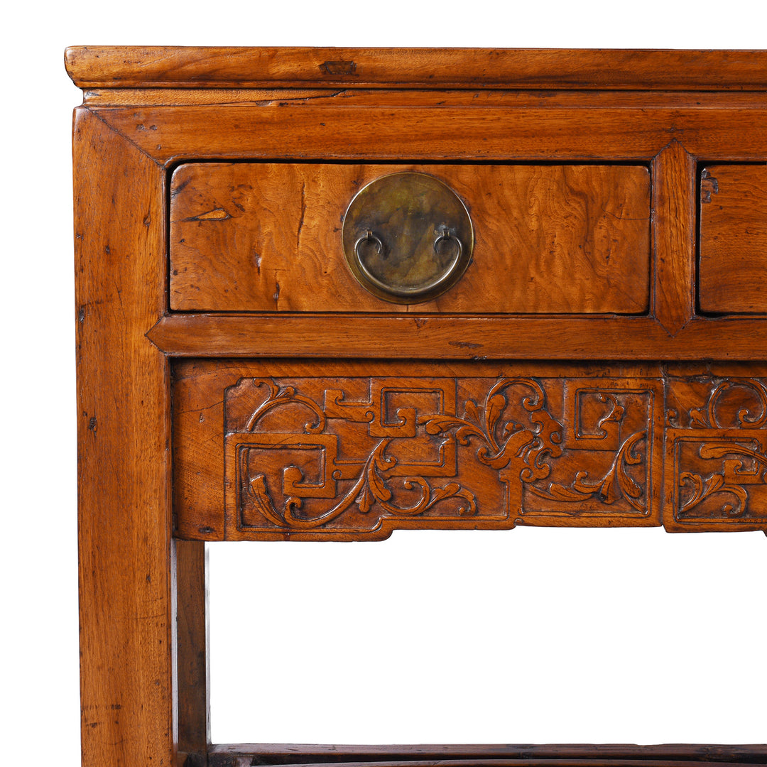 Corner Detail From Antique Chinese Tianjin Sideboard Made From Burr Camphor