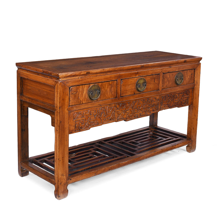 Angled View Of Antique Chinese Tianjin Sideboard Made From Burr Camphor