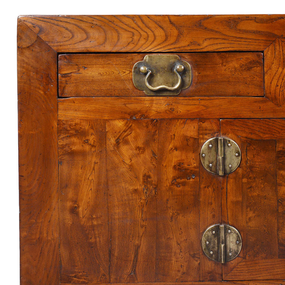 Corner Detail Showing Drawer And Brassware From 19th Century Chinese Tianjin Elm Sideboard With Burr Elm Panels And Brass Hardware