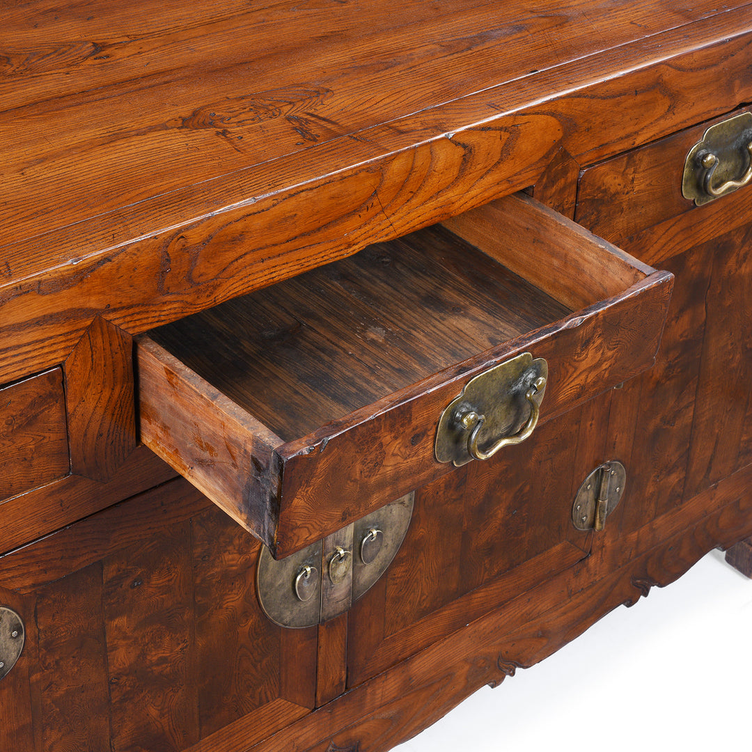 Drawer Detail From 19th Century Chinese Tianjin Elm Sideboard With Burr Elm Panels And Brass Hardware