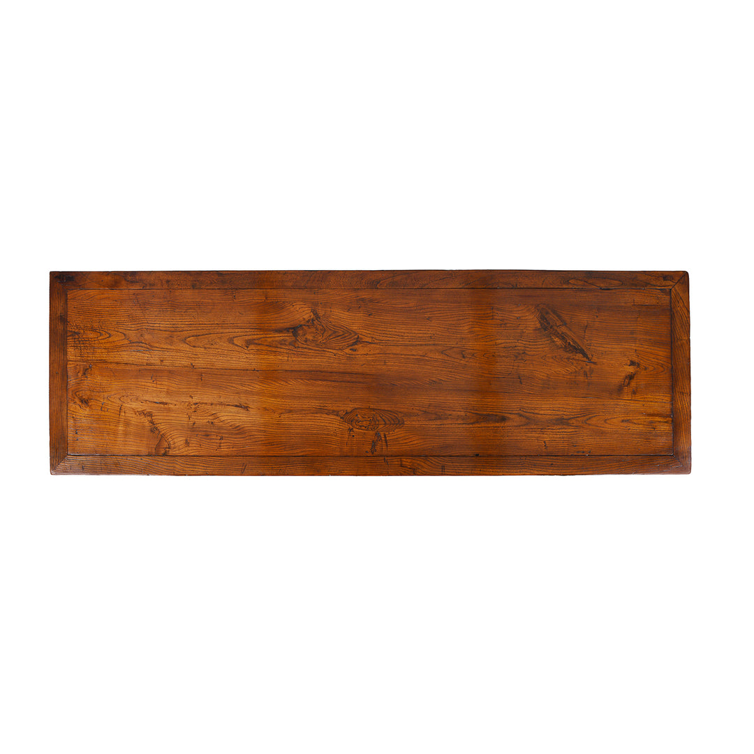Top Down View Of 19th Century Chinese Tianjin Elm Sideboard With Burr Elm Panels And Brass Hardware