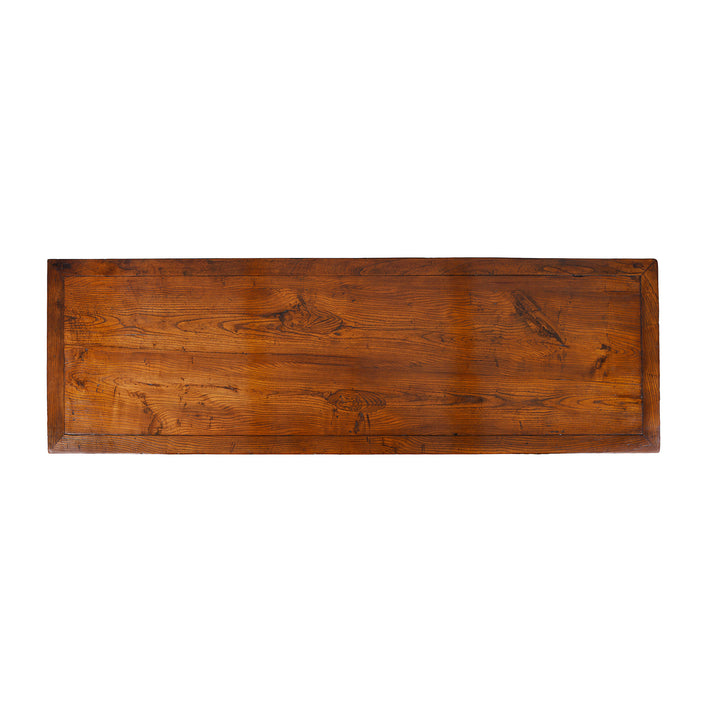 Top Down View Of 19th Century Chinese Tianjin Elm Sideboard With Burr Elm Panels And Brass Hardware