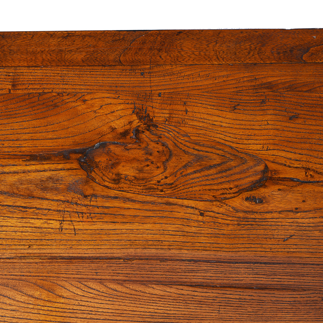Detail From the Surface Of 19th Century Chinese Tianjin Elm Sideboard With Burr Elm Panels And Brass Hardware