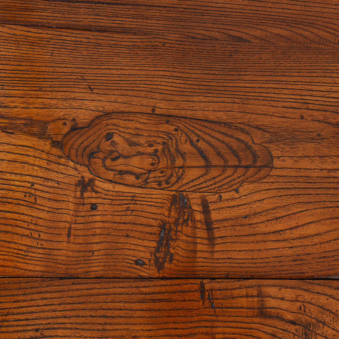Detail From Surface Of 19th Century Chinese Tianjin Elm Sideboard With Burr Elm Panels And Brass Hardware