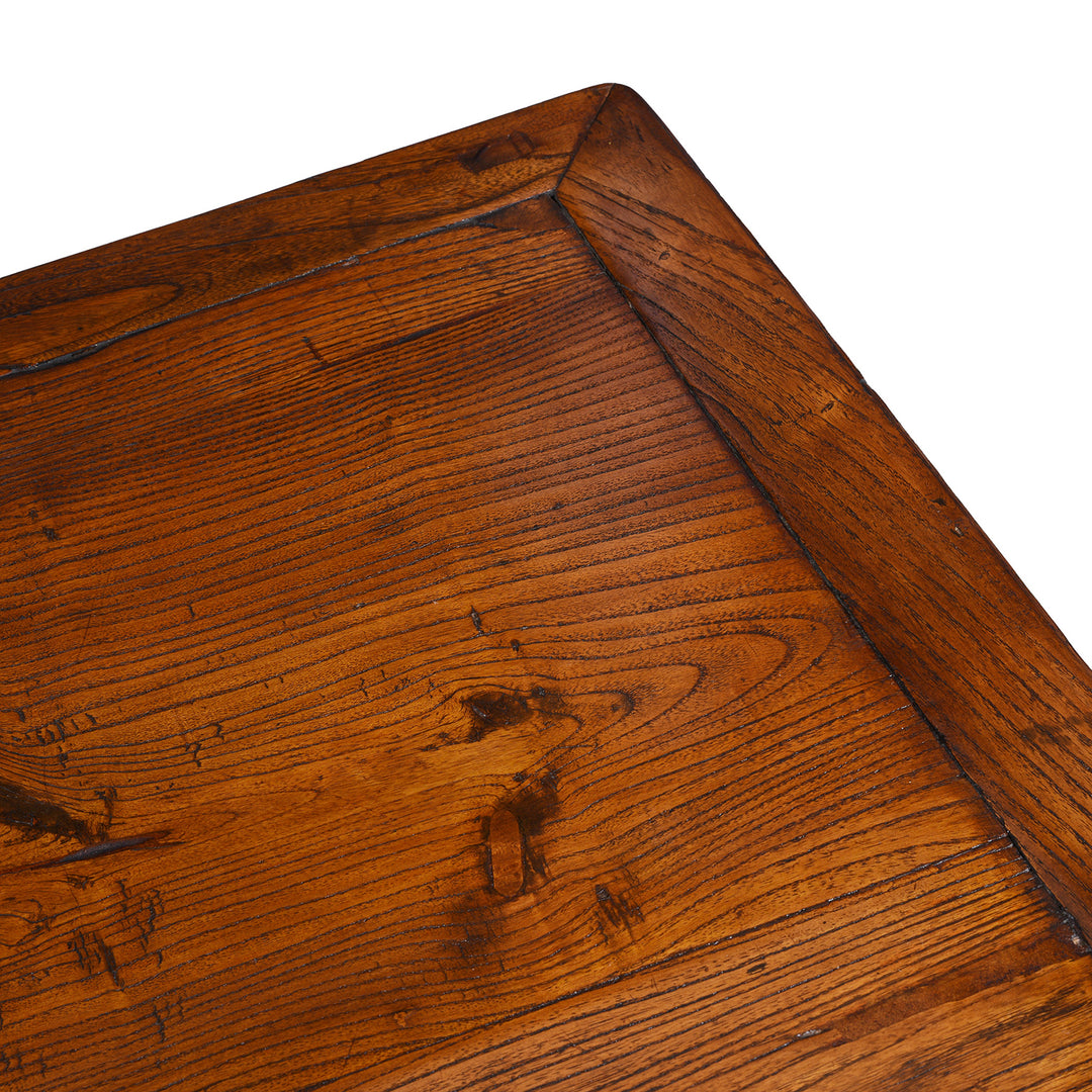 Detail From The Top Of 19th Century Chinese Tianjin Elm Sideboard With Burr Elm Panels And Brass Hardware