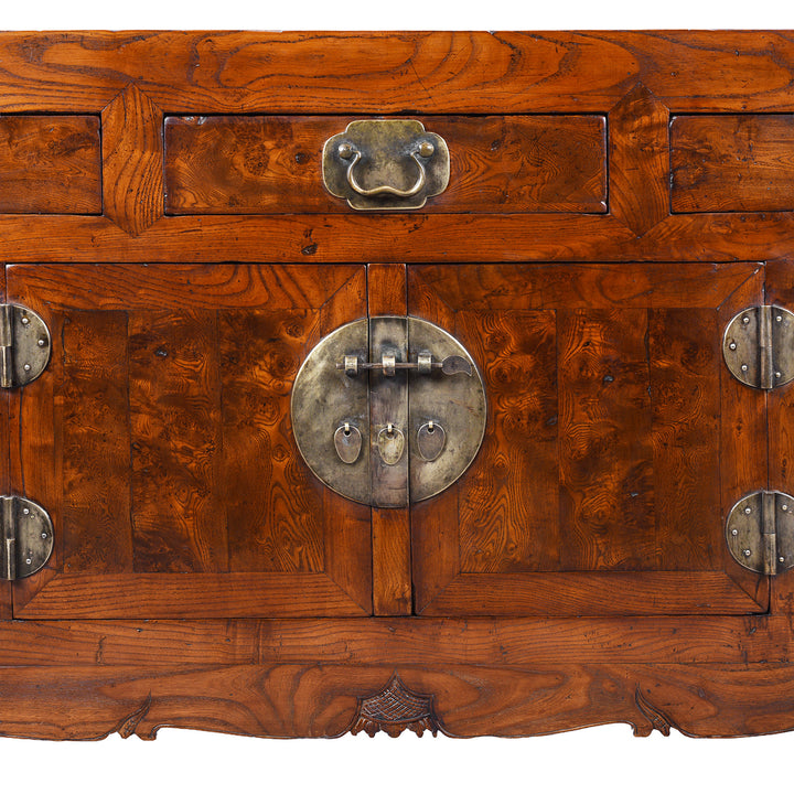 Doors And Brassware Detail From 19th Century Chinese Tianjin Elm Sideboard With Burr Elm Panels And Brass Hardware