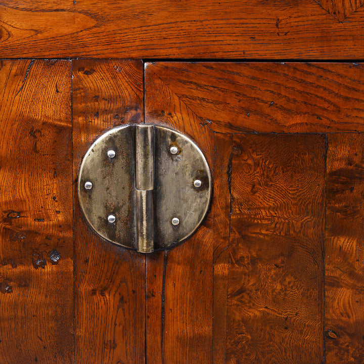 Brass Hinge Detail From 19th Century Chinese Tianjin Elm Sideboard With Burr Elm Panels And Brass Hardware
