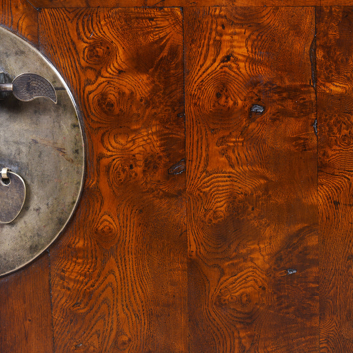 Burr Detail From 19th Century Chinese Tianjin Elm Sideboard With Burr Elm Panels And Brass Hardware