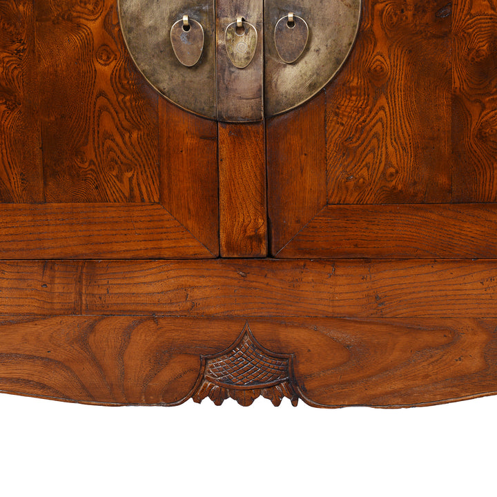 Carving Detail From 19th Century Chinese Tianjin Elm Sideboard With Burr Elm Panels And Brass Hardware