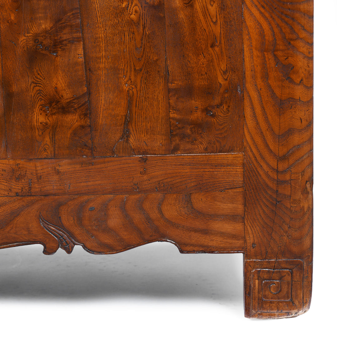 Leg And Carving Detail From 19th Century Chinese Tianjin Elm Sideboard With Burr Elm Panels And Brass Hardware