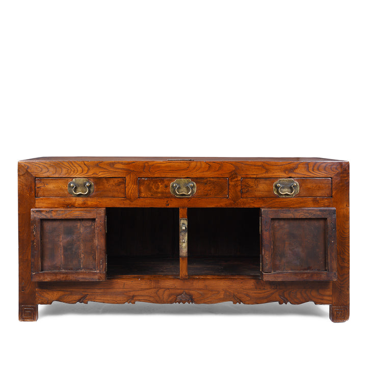 Open Doors View Of 19th Century Chinese Tianjin Elm Sideboard With Burr Elm Panels And Brass Hardware