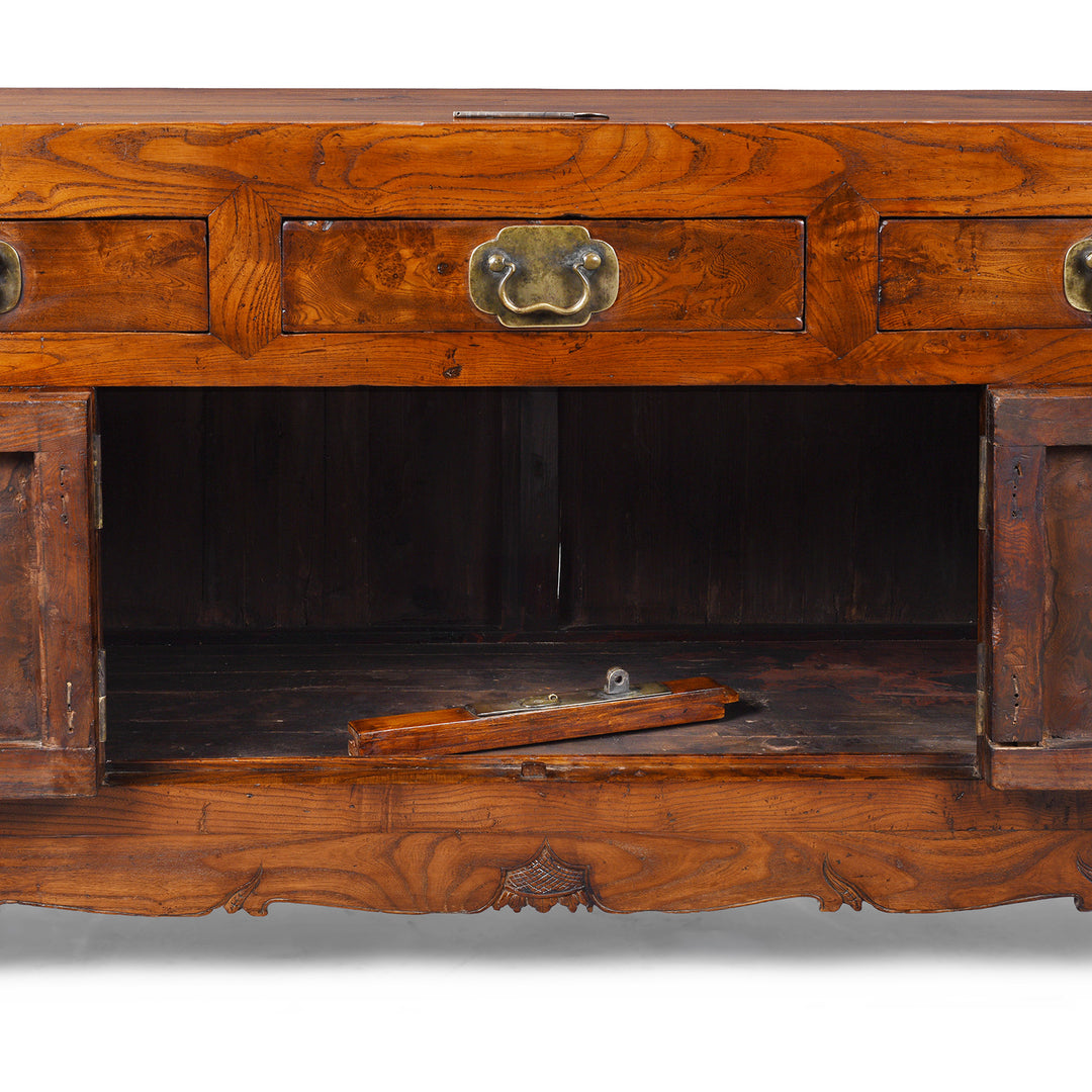 Detail From Interior Of 19th Century Chinese Tianjin Elm Sideboard With Burr Elm Panels And Brass Hardware