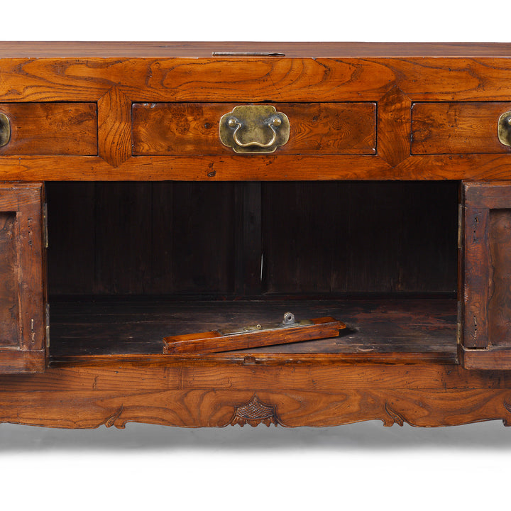 Detail From Interior Of 19th Century Chinese Tianjin Elm Sideboard With Burr Elm Panels And Brass Hardware