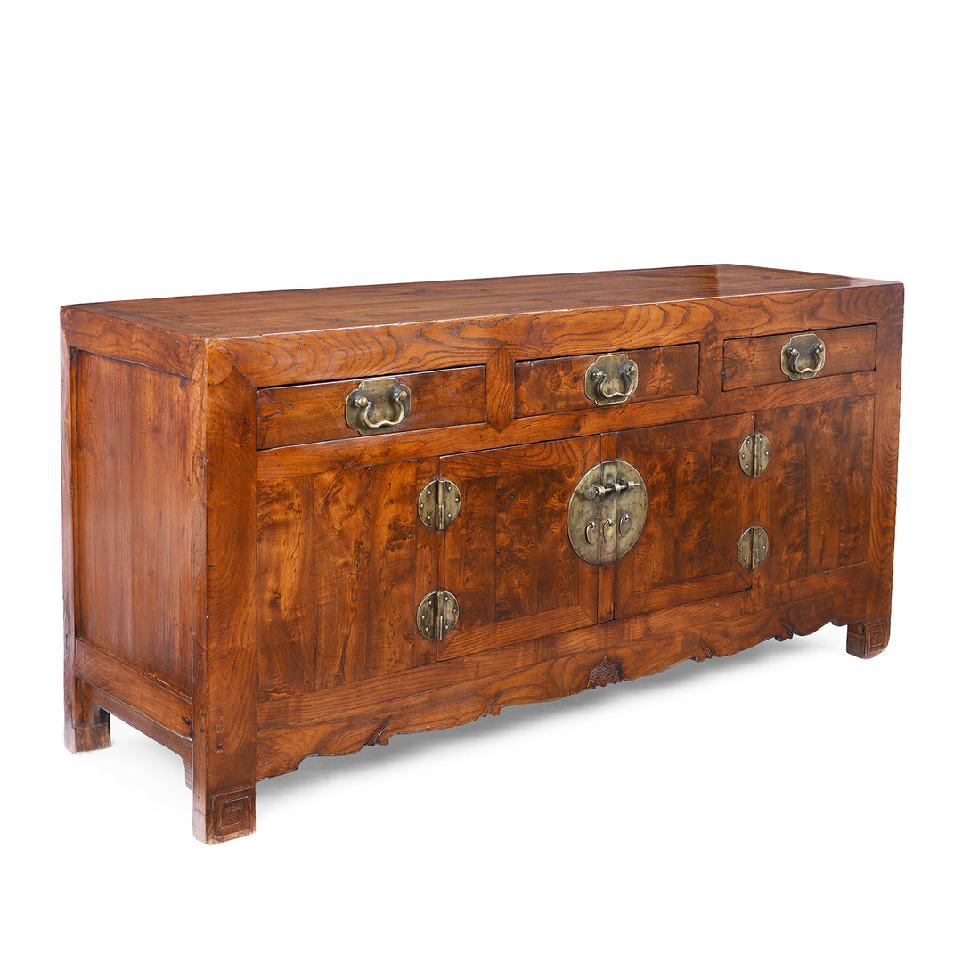 Angled View Of 19th Century Chinese Tianjin Elm Sideboard With Burr Elm Panels And Brass Hardware