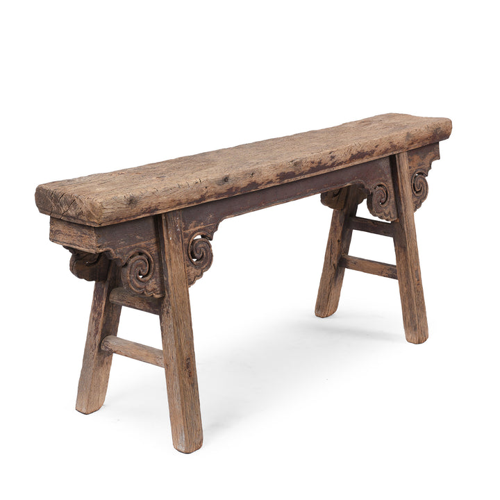 Angled VIew Of Antique Elm Chinese Spring Bench From Shanxi Province | Indigo Antiques  