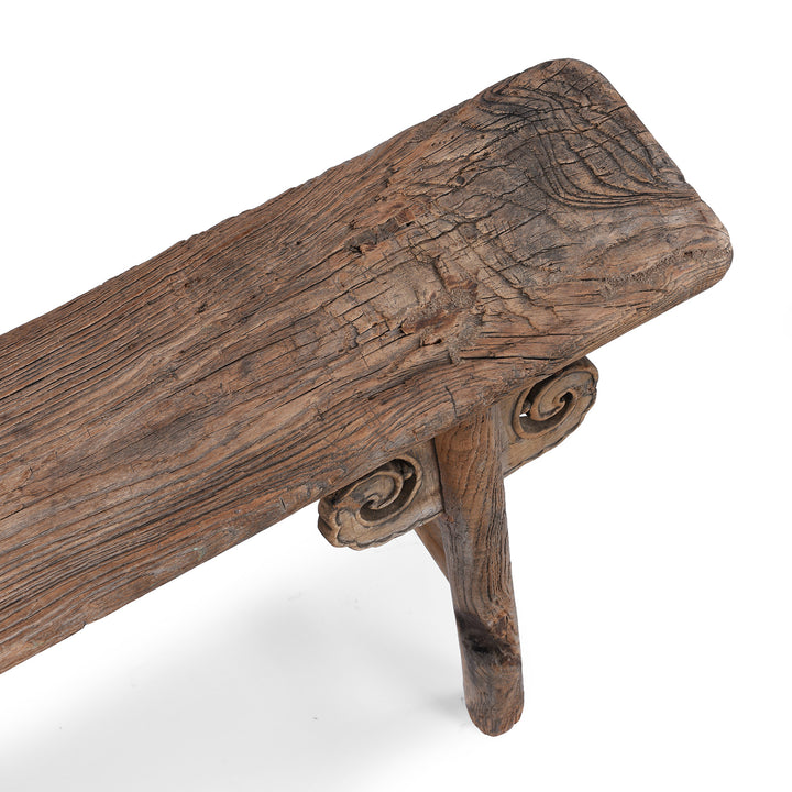 Detail From Top Of  Antique Chinese Elm Spring Bench | Indigo Antiques