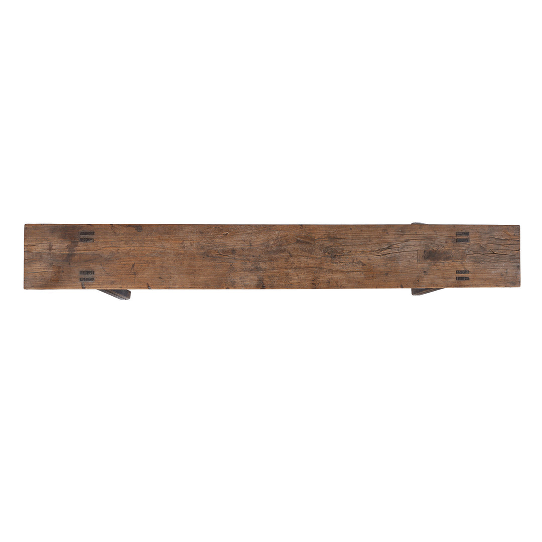 Top Down View Of 19th century Chinese rustic solid walnut farm bench with thick plank top, trestle legs, original patina and traces of historic dark lacquer | Indigo Antiques