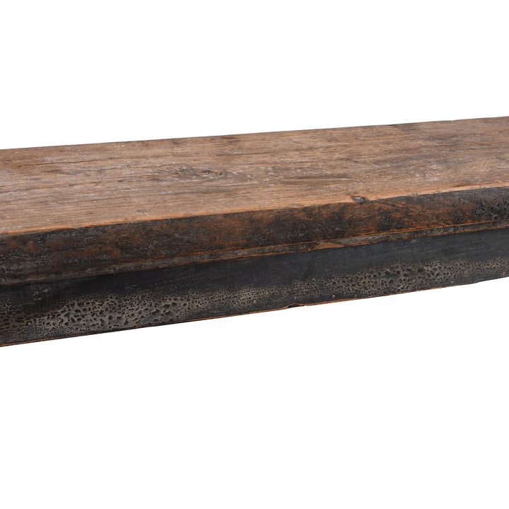 Detail From 19th century Chinese rustic solid walnut farm bench with thick plank top, trestle legs, original patina and traces of historic dark lacquer | Indigo Antiques