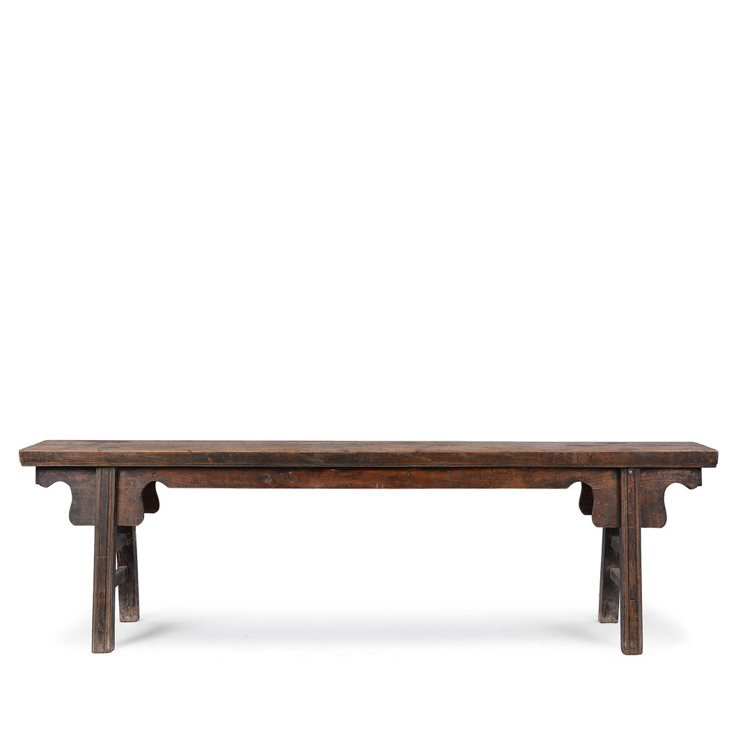 19th century Chinese rustic solid walnut farm bench with thick plank top, trestle legs, original patina and traces of historic dark lacquer | Indigo Antiques