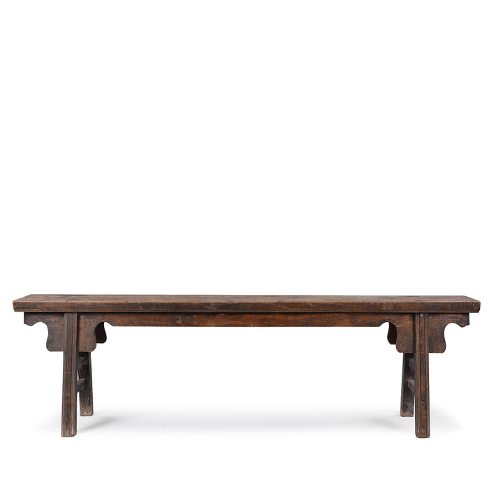 19th century Chinese rustic solid walnut farm bench with thick plank top, trestle legs, original patina and traces of historic dark lacquer | Indigo Antiques