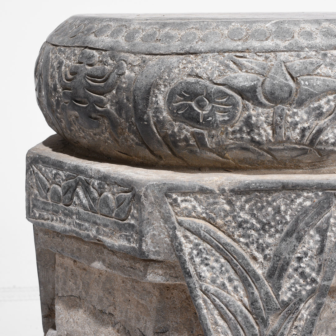 Carving Detail From Hand-Carved Blackstone Chinese Pillar Base with Lotus and Scroll Motifs