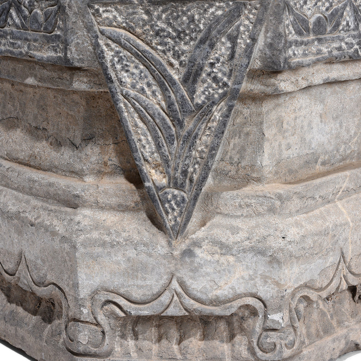 Carving Detail From Hand-Carved Blackstone Chinese Pillar Base with Lotus and Scroll Motifs