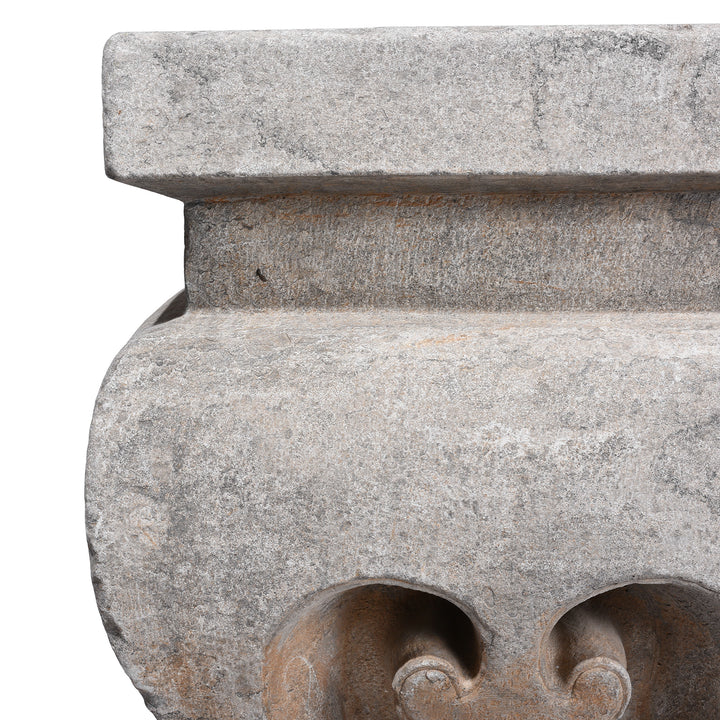 Corner Detail From Hand-Carved Stone Chinese Side Table with Bracket Legs 