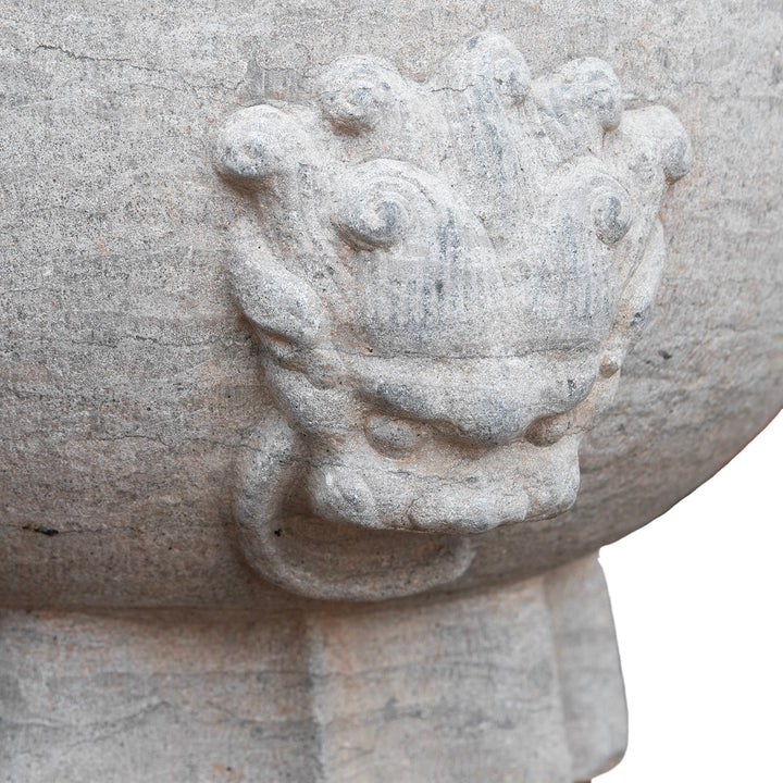 Lion Head Detail From Carved Stone Chinese Planter 