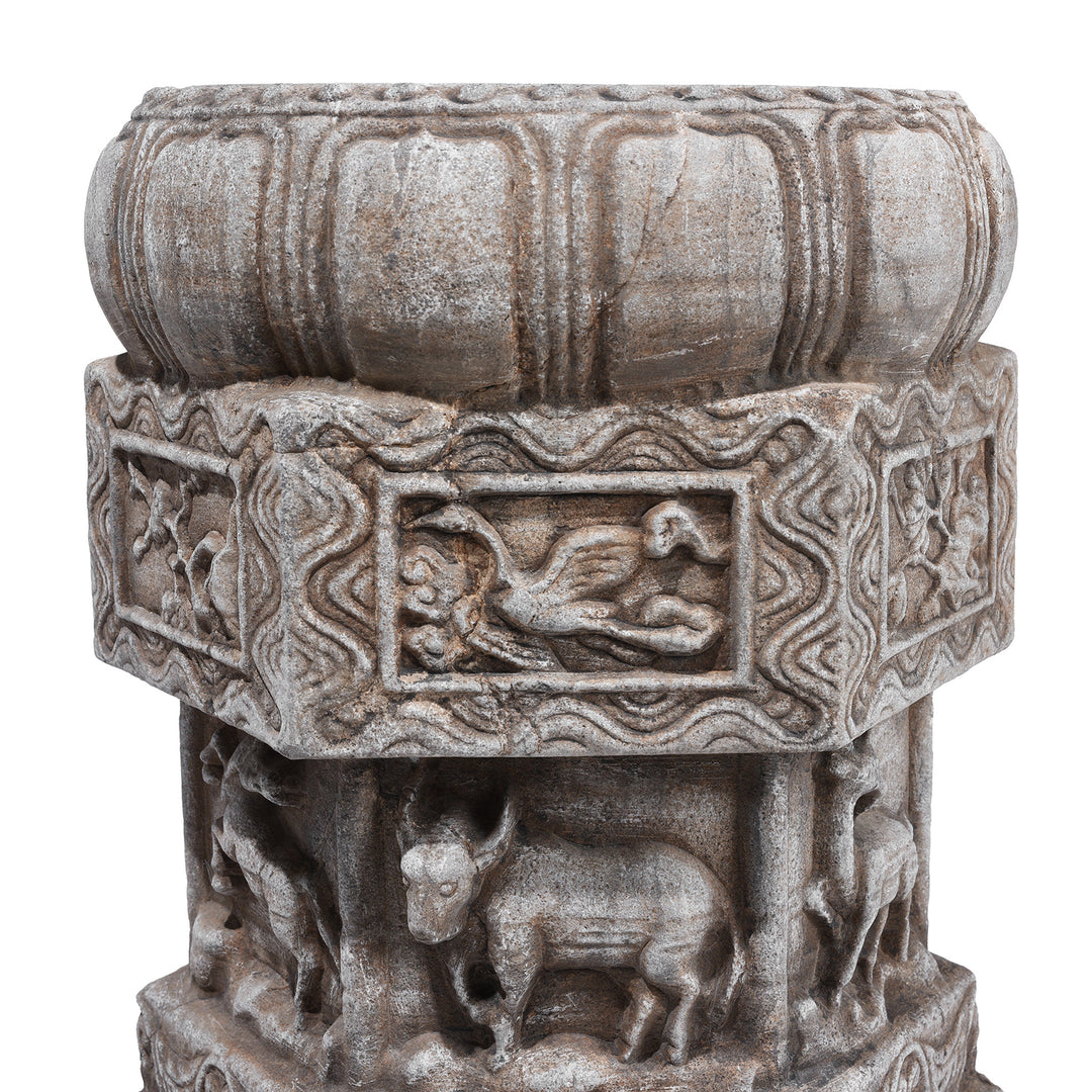 Carving Detail From Hand-Carved Stone Chinese Plant Stand with Animal Reliefs