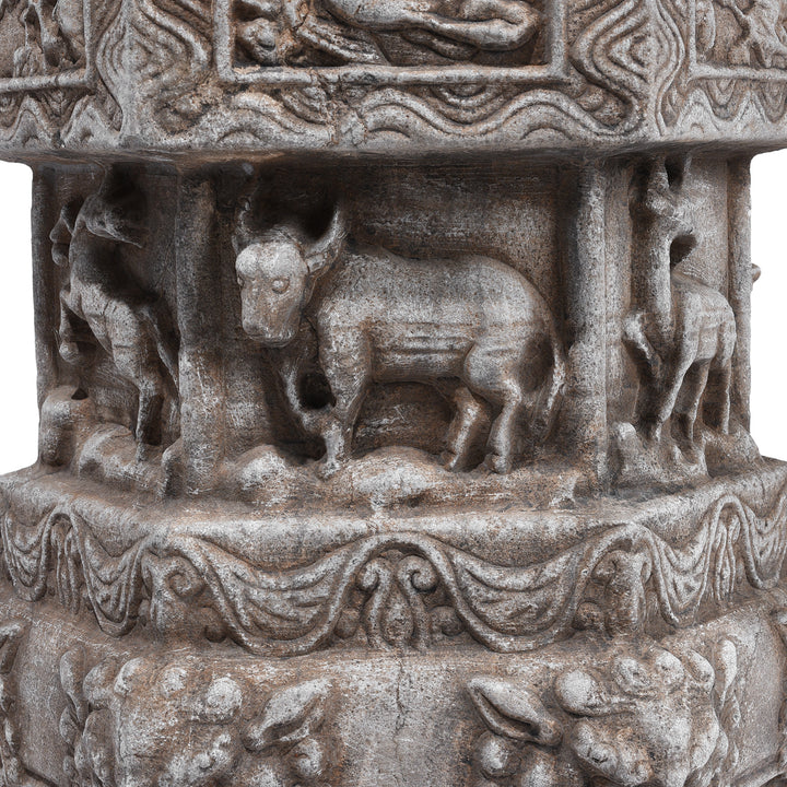 Animal Carving Detail From Hand-Carved Stone Chinese Plant Stand with Animal Reliefs