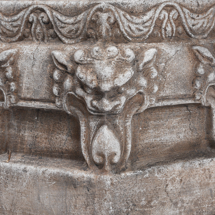 Face Carving Detail From Hand-Carved Stone Chinese Plant Stand with Animal Reliefs