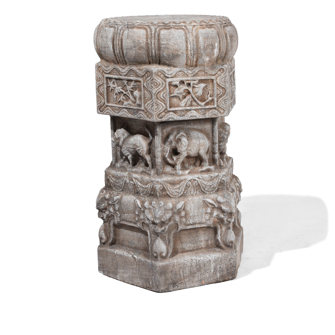 Hand-Carved Stone Chinese Plant Stand with Animal Reliefs