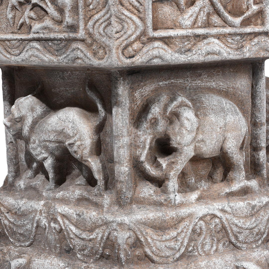 Animal Carving Detail From Hand-Carved Stone Chinese Plant Stand with Animal Reliefs