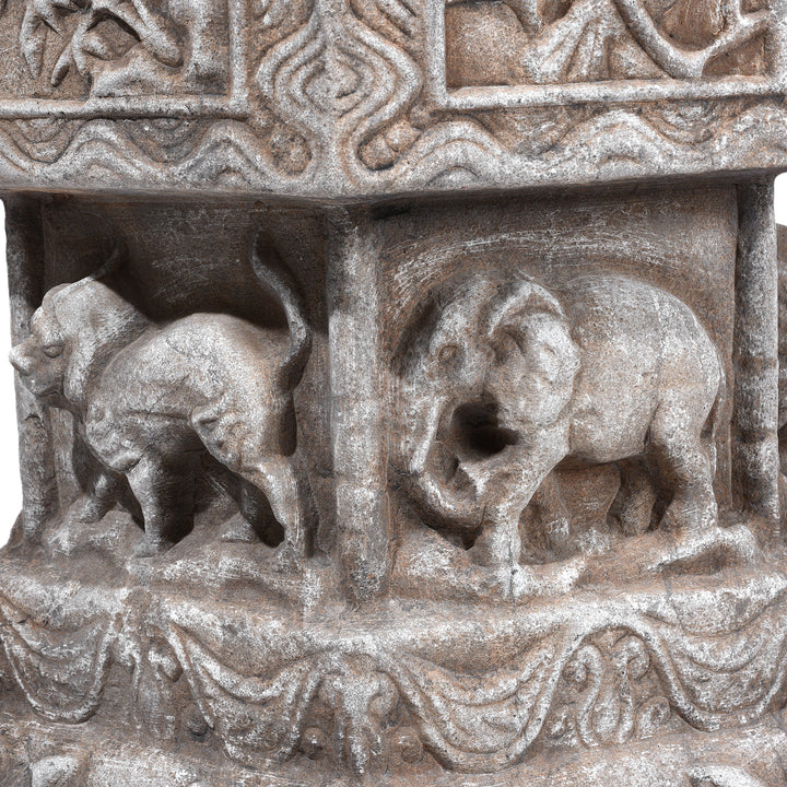 Animal Carving Detail From Hand-Carved Stone Chinese Plant Stand with Animal Reliefs