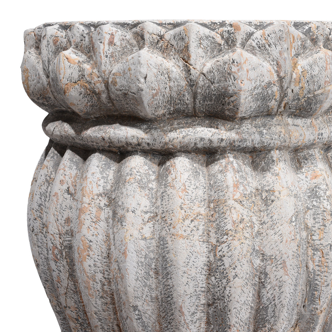 Carvig Detail From Hand Carved Chinese Stone Plant Stand With Fluted Body And Lotus Motif From Hebei