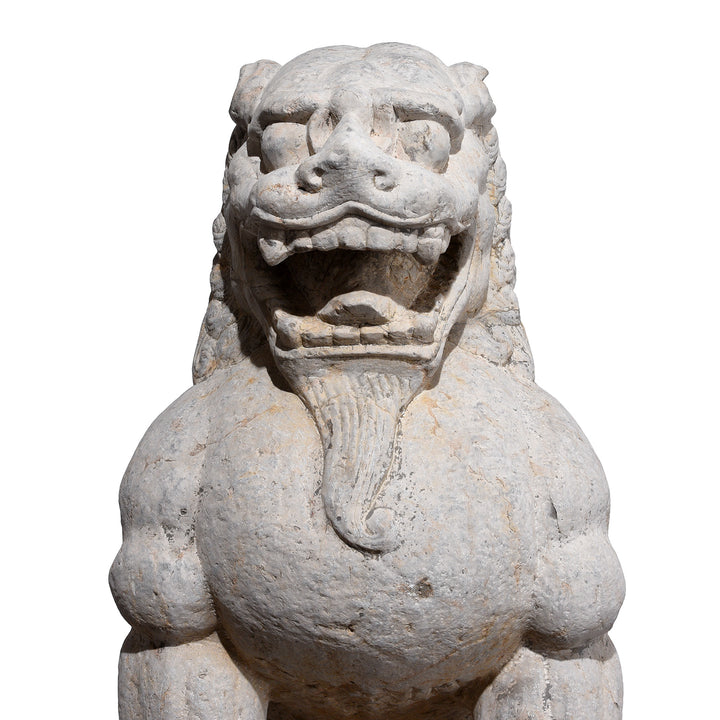 Face Detail From Pair Of Carved Stone Chinese Guardian Lions With Stylised Manes Seated On Circular Plinths