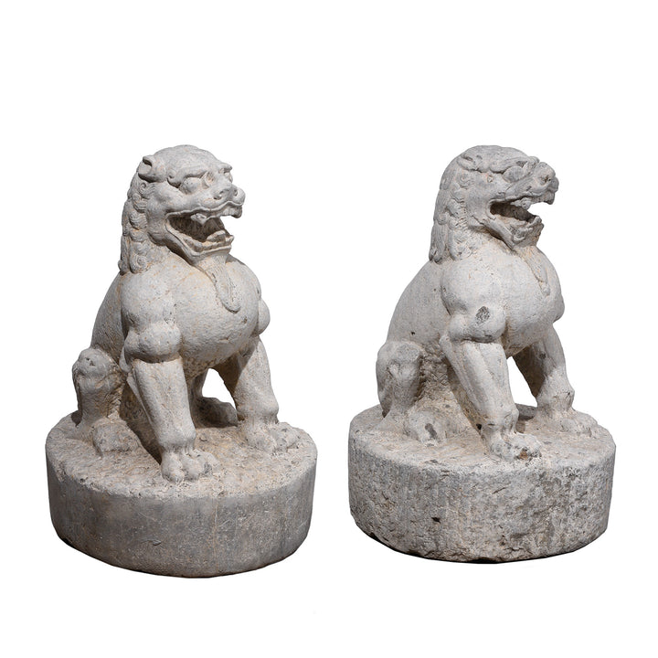 Pair Of Carved Stone Chinese Guardian Lions With Stylised Manes Seated On Circular Plinths