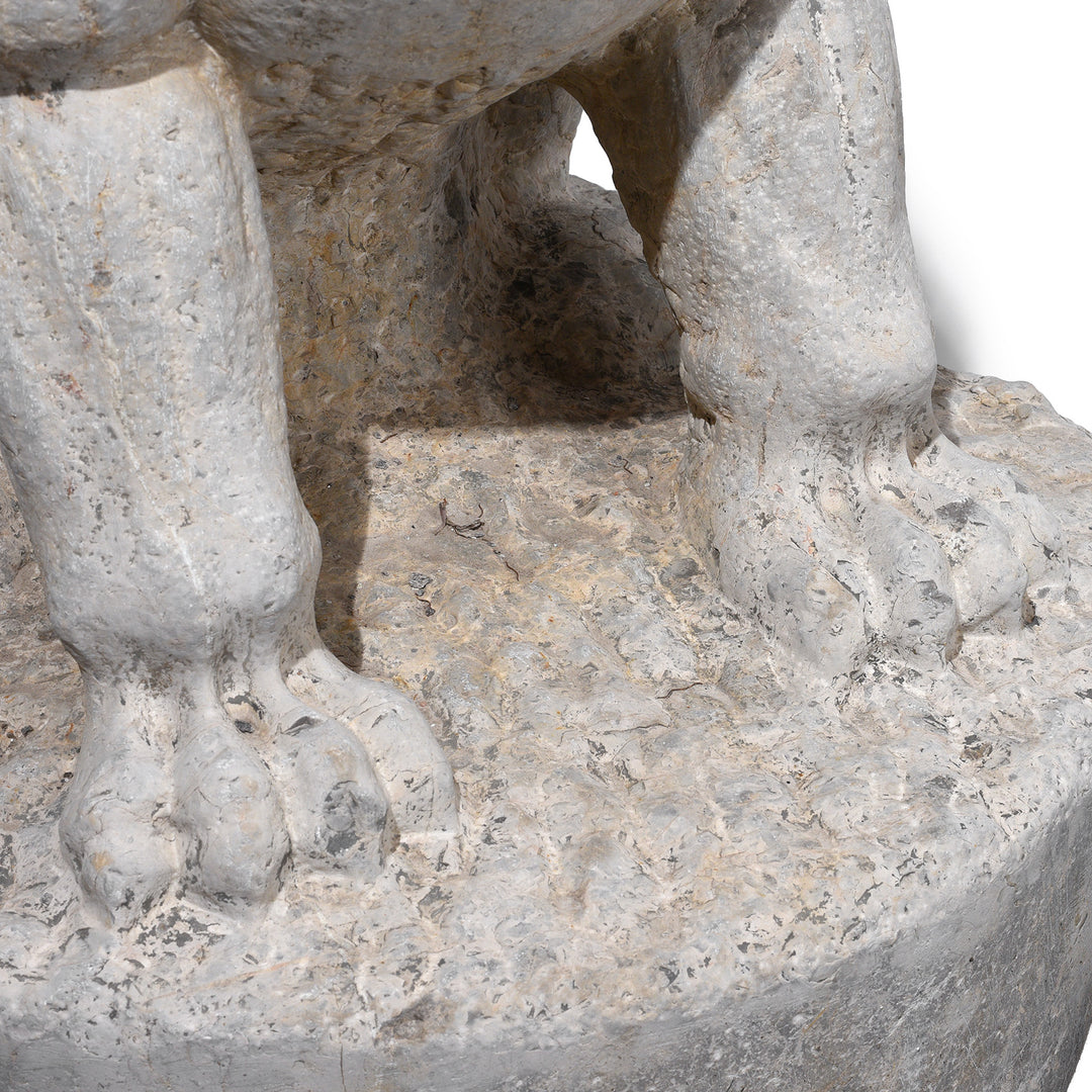 Feet Detail From Pair Of Carved Stone Chinese Guardian Lions With Stylised Manes Seated On Circular Plinths