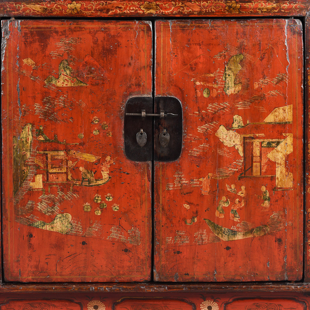 Detail from an Antique Chinese Red Lacquer Book Cabinet From Shanxi - 19th Century | Indigo Antiques