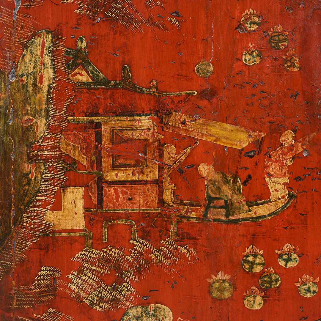Detailed View Of Men On A Traditional Chinese Boat On Gilt Red Lacquer Book Cabinet From Shanxi - 19Th Century