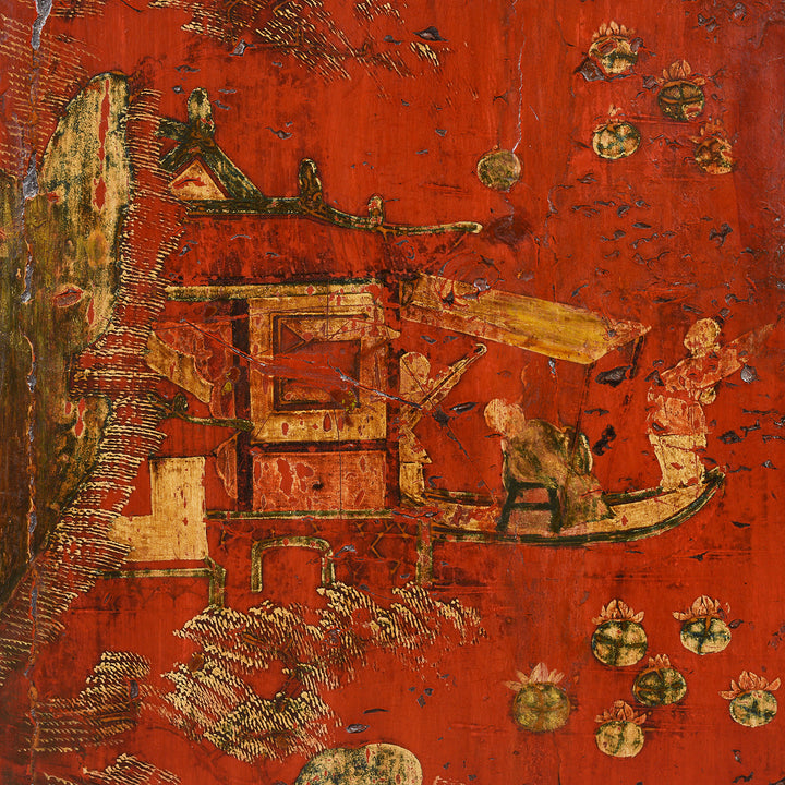 Detailed View Of Men On A Traditional Chinese Boat On Gilt Red Lacquer Book Cabinet From Shanxi - 19Th Century