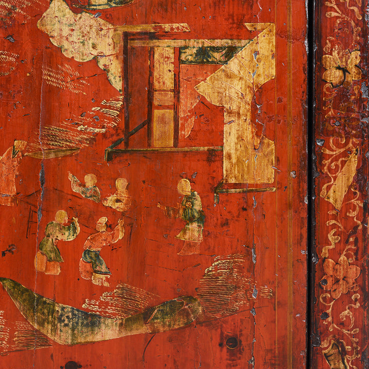 Front Panel Detail With People Eating Gilt Red Lacquer Book Cabinet From Shanxi - 19Th Century
