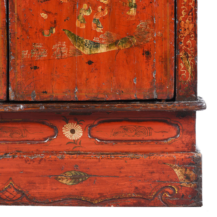 Corner Detail Of Gilt Red Lacquer Book Cabinet From Shanxi - 19Th Century
