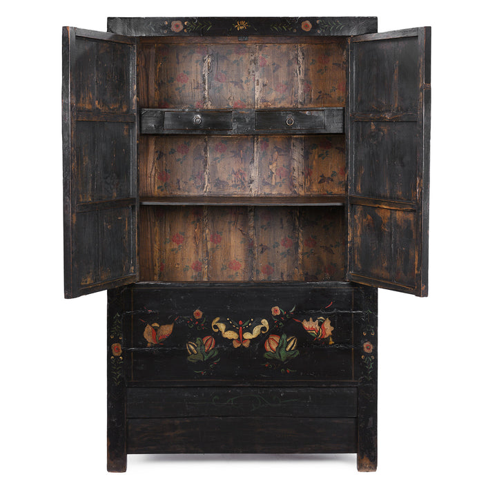 Interior Of Black Lacquer Chinese Wedding Cabinet From Shanxi With Painted Floral Panels | Indigo Antiques
