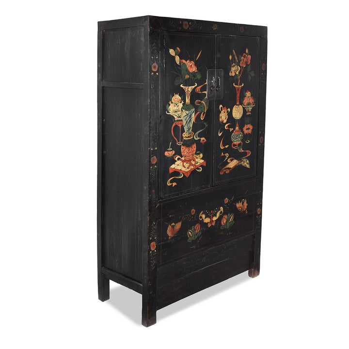 Angled View Of Black Lacquer Chinese Wedding Cabinet From Shanxi With Painted Floral Panels | Indigo Antiques